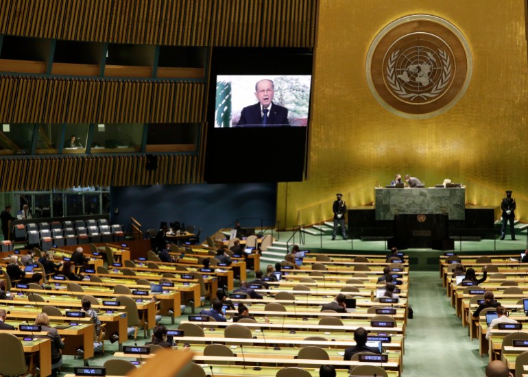 Președintele Libanului, Michel Aoun, rostește un discurs preînregistrat la cea de-a 76-a sesiune a Adunării Generale a ONU la sediul Națiunilor Unite din New York, vineri, 24 septembrie 2021.