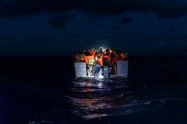 A group of migrants rescued by volunteers of the Ocean Viking rescue ship, run by NGOs SOS Mediterranee and the International Federation of Red Cross [File: Jeremias Gonzalez/AP Photo]