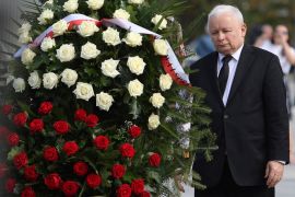 Poland's main ruling party leader Jaroslaw Kaczynski attends a wreath laying ceremony