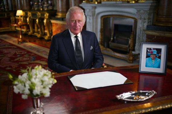 Britain's King Charles III delivers his address to the nation and the Commonwealth from Buckingham Palace, London