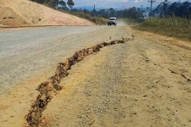 A large crack is seen in a highway near the town of Kainantu, following a 7.6-magnitude earthquake in northeastern Papua New Guinea