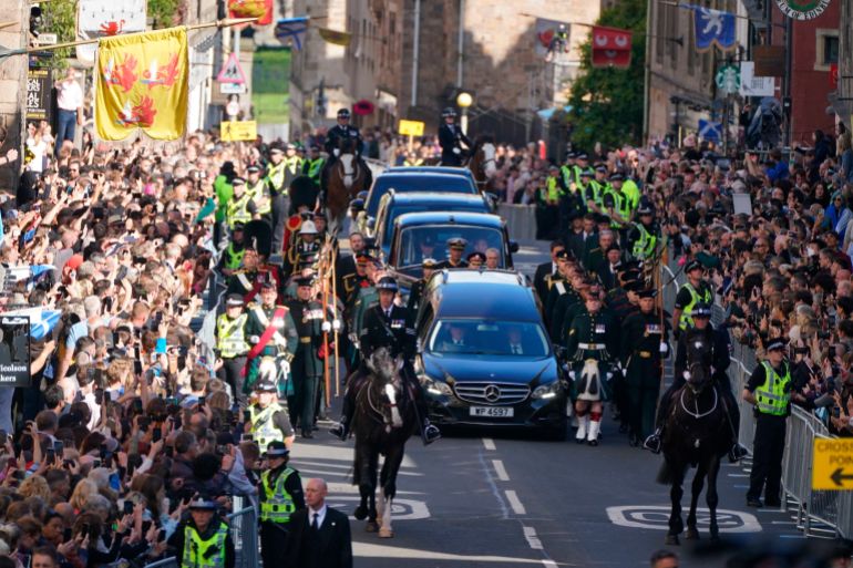 King Charles III, Princess Anne and members of the Royal family join the procession of Queen Elizabeth II's coffin from the Palace of Holyroodhouse to St Giles' Cathedral, in Edinburgh