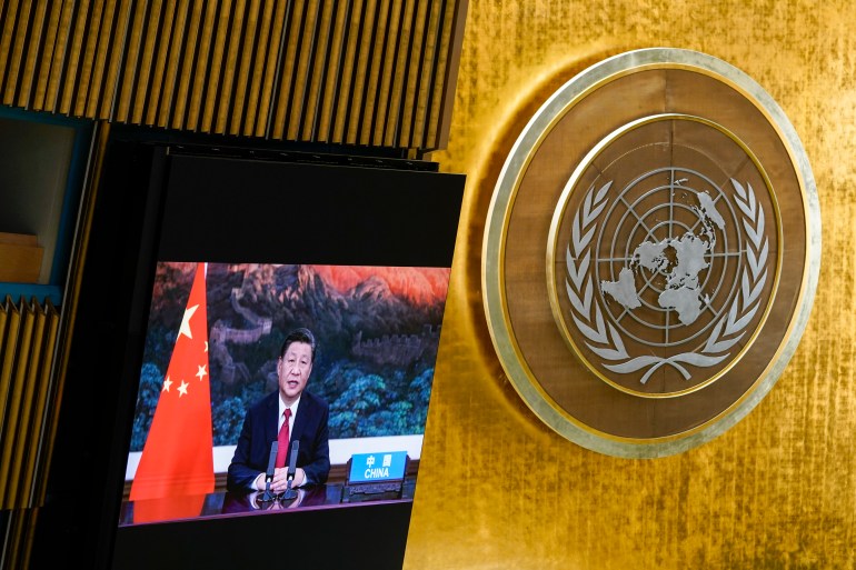  China's President Xi Jinping remotely addresses the 76th session of the United Nations General Assembly in a pre-recorded message in 2021.
