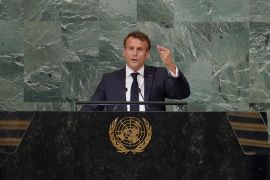 President of France Emmanuel Macron addresses the 77th session of the UNGA.
