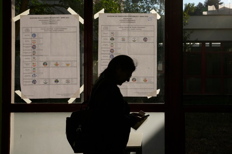 A voter in Italy silhouetted against election lists