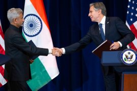 US Secretary of State Antony Blinken shakes hands with his Indian counterpart