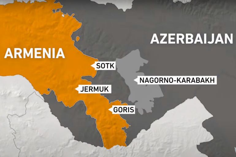 Map highlighting areas affected in Azerbaijan, Armenia border clashes