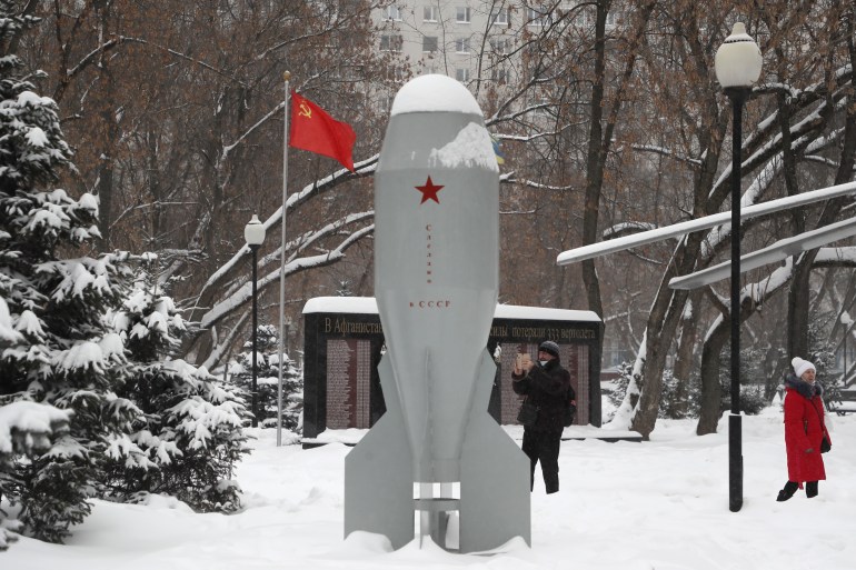 A view of a Monument of the Soviet first mass produced tactical nuclear bomb RDS-4 at the Fedora Poletayeva square in Moscow, Russia, 16 January 2021.