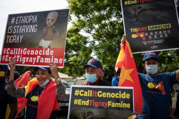 Members of the Tigrayan Community in South Africa (TICASA) gather outside the United States Embassy calling for the end to their claimed genocide of the Tigray communities in Ethiopia; in Pretoria, South Africa, 26 January 2022. The protestors called for the end to the blockade of the region and the continued use of drones to target Tigray communities in their homeland.