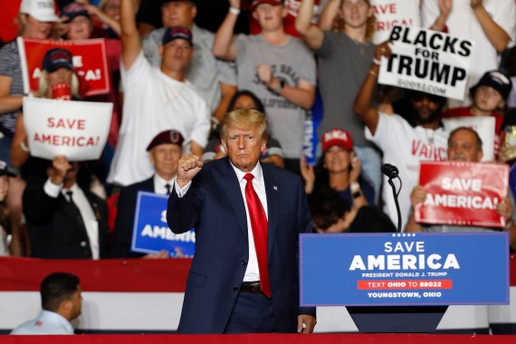 epa10190823 Former US President Donald Trump gestures during a Save America rally at the Covelli Centre in Youngstown, Ohio, USA, 17 September 2022. EPA-EFE/DAVID MAXWELL