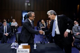 Twitter Inc.'s former security chief Peiter "Mudge" Zatko is greeted by U.S. Senator John Kennedy (R-LA) as he arrives to testify before a Senate Judiciary Committee hearing to discuss allegations from his whistleblower complaint that the social media company misled regulators, on Capitol Hill in Washington, U.S.