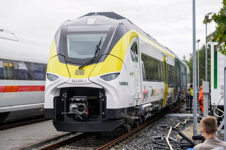 The hydrogen-powered train 'Mireo Plus H' of the joint project 'H2goesRail' by Siemens Mobility and Deutsche Bahn is pictured during its presentation at the Siemens test site in Wegberg, western Germany on September 9, 2022.