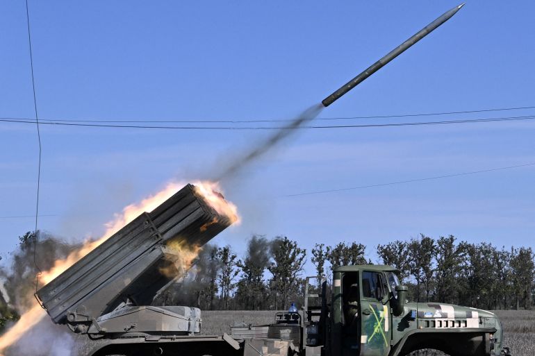 Ukrainian BM-21 'Grad' multiple rocket launcher fires a rocket towards Russian positions in an undisclosed location in the South of Ukraine on October 3, 2022, amid the Russian invasion against Ukraine.