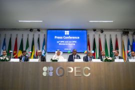 Representatives of OPEC member countries attend a press conference after the 45th Joint Ministerial Monitoring Committee and the 33rd OPEC and non-OPEC Ministerial Meeting in Vienna, Austria.