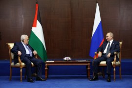 Russian President Vladimir Putin meets with Palestinian president Mahmud Abbas on the sidelines of the Sixth Summit of the Conference on Interaction and Confidence Building Measures in Asia (CICA) in Astana on October 13, 2022.