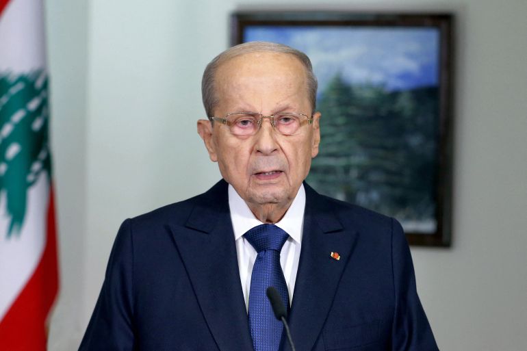 A handout picture provided by the Lebanese photo agency Dalati and Nohra shows Lebanon's President Michel Aoun giving a televised address in Baabda.