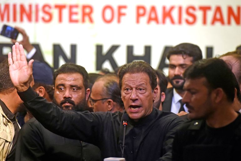 Pakistan's former Prime Minister Imran Khan speaks at an event of Karachi Bar Association in Karachi
