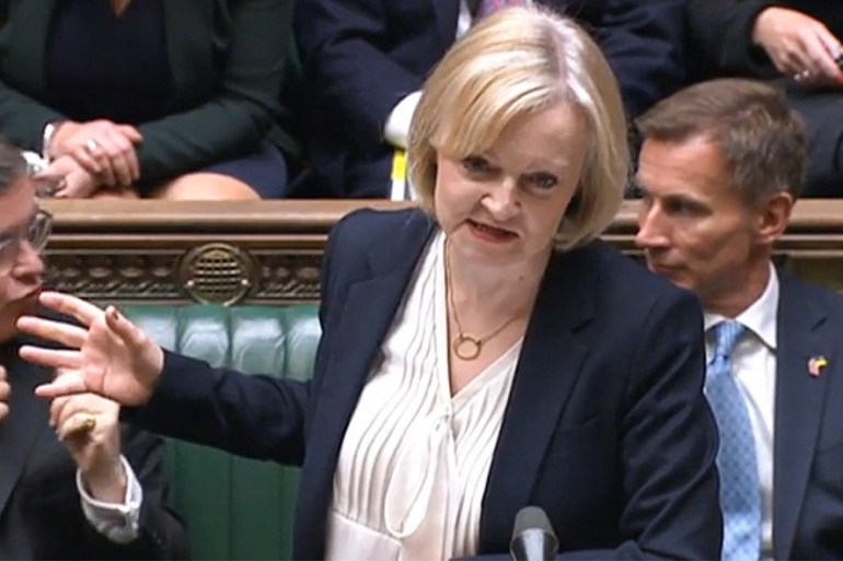 A video grab taken from footage broadcast by the UK Parliament's Parliamentary Recording Unit (PRU) shows Britain's Prime Minister Liz Truss speaking