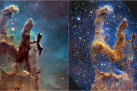 These handout photos provided by NASA on October 19, 2022 shows the Pillars of Creation that are set off in a kaleidoscope of color in NASA’s James Webb Space