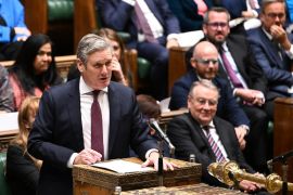 A handout photograph released by the UK Parliament shows Britain's main opposition Labour Party leader Keir Starmer speaking during Prime Minister's Questions in the House of Commons