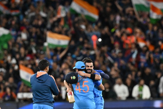 India's Virat Kohli celebrates the win with teammates during the ICC men's Twenty20 World Cup 2022 cricket match between India and Pakistan at Melbourne Cricket Ground in Australia.