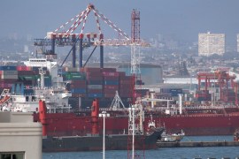 Container-ships is tied up, inside Cape Town harbour
