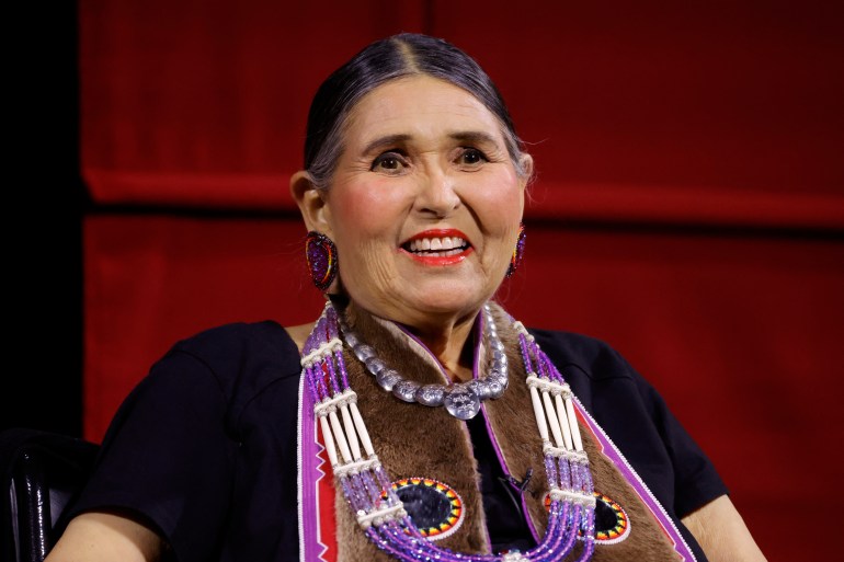 Sacheen Littlefeather on stage at AMPAS Presents An Evening with Sacheen Littlefeather at Academy Museum of Motion Pictures on September 17, 2022 in Los Angeles, California. Frazer Harrison/Getty Images/AFP (Photo by Frazer Harrison / GETTY IMAGES NORTH AMERICA / Getty Images via AFP)