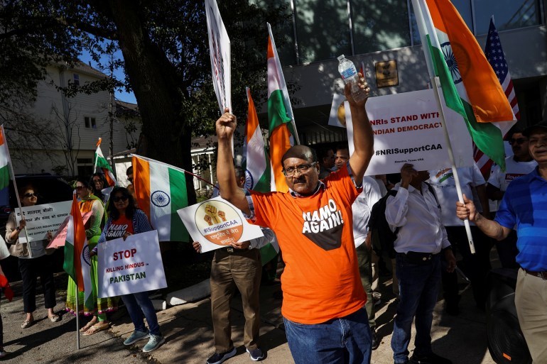 Counter protesters who support Indian Prime Minister Narendra Modi rally outside of Consulate General of India in Houston, Texas, U.S.