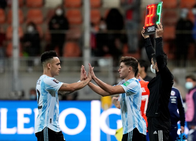 Argentina's Julian Alvarez comes on as a substitute to replace Lautaro Martinez