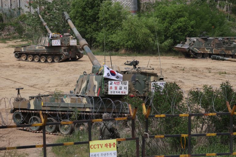 South Korean self-propelled artillery vehicles take part in a military exercise near the demilitarised zone separating the two Koreas in Yangju, South Korea.