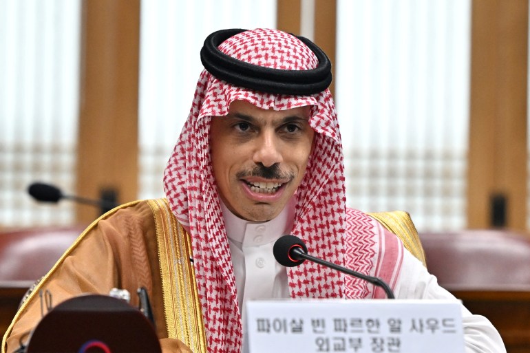 Saudi Foreign Minister Prince Faisal bin Farhan speaks during a meeting with South Korean Foreign Minister Park Jin at the Foreign Ministry in Seoul,