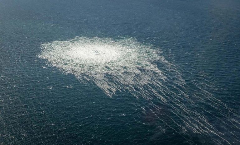 Gas bubbles from the Nord Stream 2 leak reach the surface of the Baltic Sea near Bornholm, Denmark.