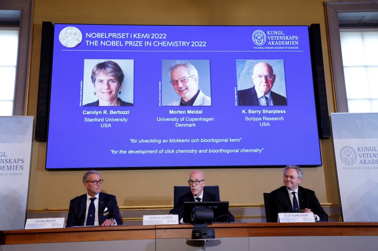 Jonas Aqvist, Chairman of the Nobel Committee for Chemistry, Hans Ellegren, Secretary General of the Royal Swedish Academy of Sciences and Olof Ramstrom, member of the Nobel Committee for Chemistry announce winners of the 2022 Nobel Prize in chemistry Caroline R. Bertozzi, Morten Meldal and K. Barry Sharpless, during a news conference