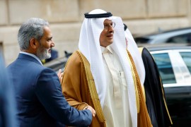 Saudi Arabia&#39;s Minister of Energy Prince Abdulaziz bin Salman Al-Saud and OPEC Secretary-General Haitham al-Ghais shake hands at the Organisation of the Petroleum Exporting Countries (OPEC) headquarters in Vienna, Austria [File: Lisa Leutner/Reuters]