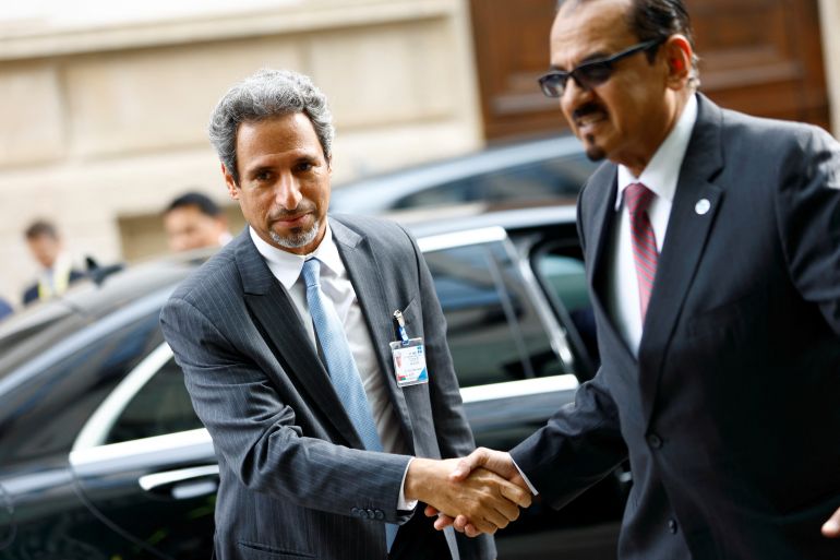Oman Minister of Energy Salim Al-Aufi gestures at the Organisation of the Petroleum Exporting Countries (OPEC) headquarters in Vienna