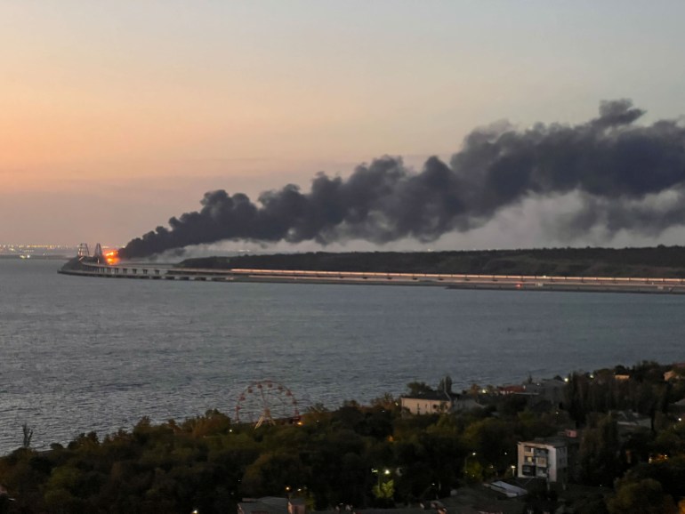 A view shows a fire on the Kerch bridge