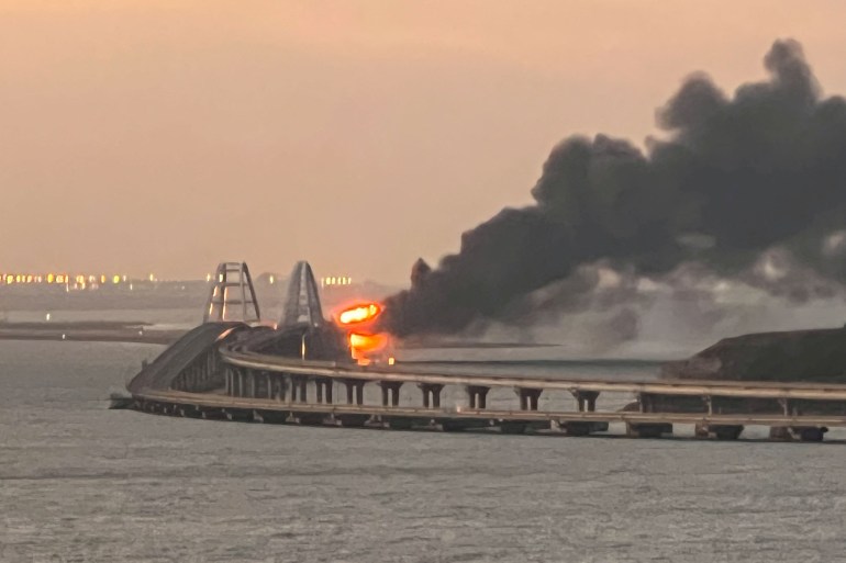 A view shows a fire on the Kerch bridge in Crimea