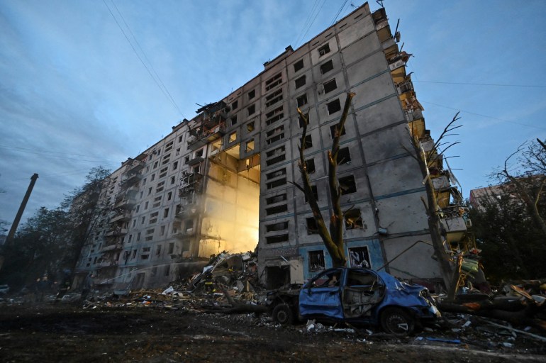 A view shows a residential building heavily damaged by a Russian missile strike, amid Russia's attack on Ukraine