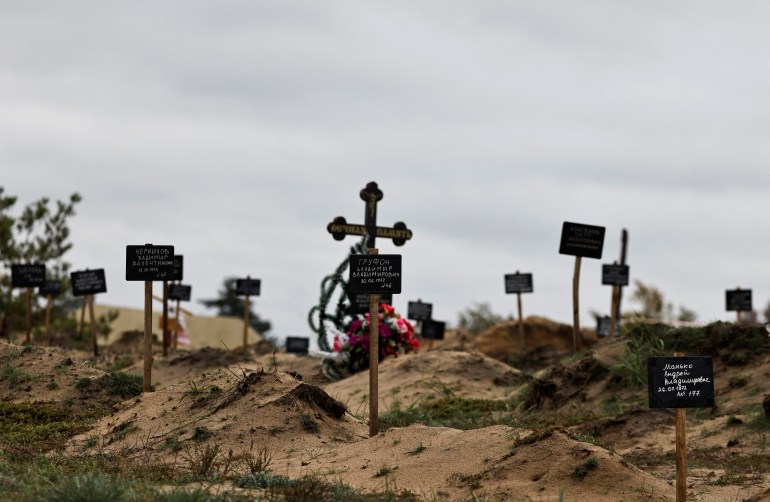 A view of graves, which Ukrainian officials say, is a civilian mass grave, amid Russia's invasion of Ukraine, in the newly recaptured town of Lyman, Donetsk region, Ukraine, October 11, 2022. REUTERS/Zohra Bensemra