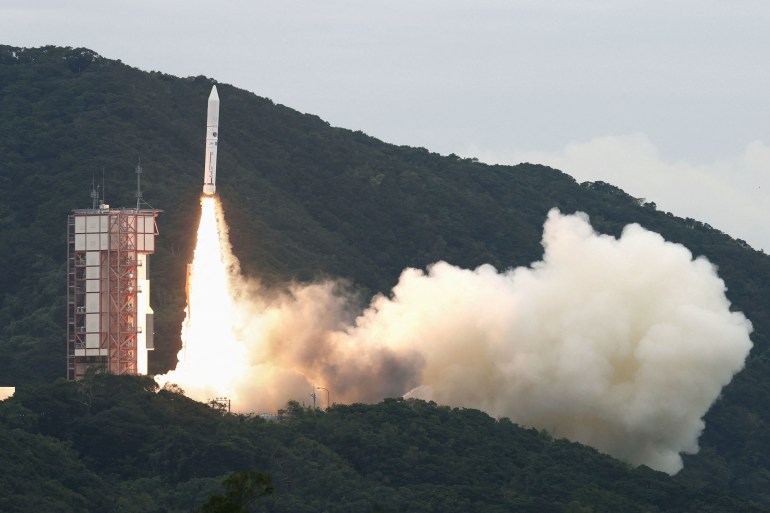 The Epsilon rocket lifts off from the Japan Aerospace Exploration Agency's Uchinoura Space Center in the southwestern Japan prefecture of Kagoshima on October 12, 2022. The rocket was commanded to self-destruct several minutes after lift-off [Kyodo via Reuters]