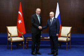 Russia's President Vladimir Putin and Turkey's President Tayyip Erdogan meet on the sidelines of the 6th summit of the Conference on Interaction and Confidence-building Measures in Asia (CICA), in Astana, Kazakhstan October 13, 2022. Sputnik/Vyacheslav Prokofyev/Pool via REUTERS ATTENTION EDITORS - THIS IMAGE WAS PROVIDED BY A THIRD PARTY.