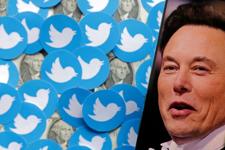 Collage of an Elon Musk photo, Twitter logos and US dollar banknotes are seen in this illustration.