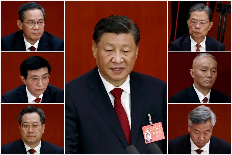 A combination picture shows Chinese leaders Xi Jinping and members of the new Politburo Standing Committee 