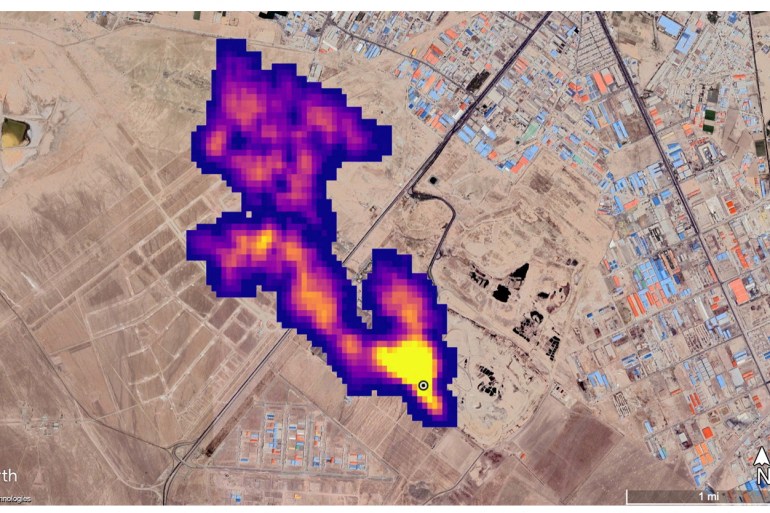 NASA imaging of a methane plume at least 4.8km (3 miles) long rising from a major landfill site, where methane is a byproduct of decomposition, south of Tehran, Iran.