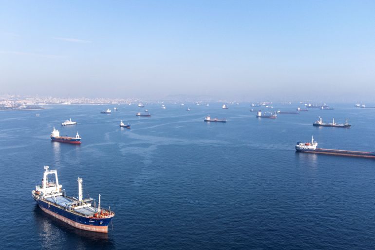 ships wait to pass Bosphorus strait