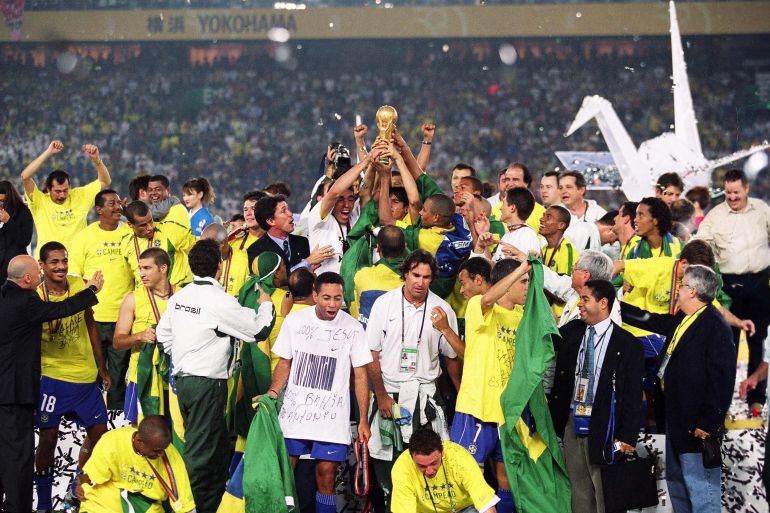 Brazilian players celebrate after the soccer World Cup final game vs. Germany. Brazil went on to defeat Germany 2-0 to win the World Cup on June 30, 2002 in Yokohama, Japan.