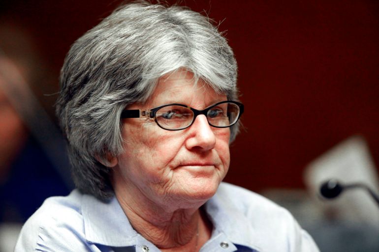 Krenwinkel in court, grey-haired with glasses, with an attentive look on her face
