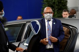 Lesotho&#39;s Prime Minister Moeketsi Majoro arrives for the COP26 summit in Glasgow, Scotland, on Monday, November 1, 2021 [Phil Noble/Pool via AP]