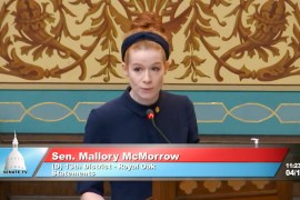 Mallory McMorrow, a Michigan state Senator, speaking on Tuesday, April 19, 2022, in an address that drew widespread praise for her refusal to bow down to anger, hate and baseless allegations [Michigan Senate via AP]