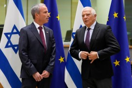 European Union foreign policy chief Josep Borrell (right) greets Israel’s Minister of Intelligence Elazar Stern (left) prior to the meeting of the EU-Israel Association Council at the EU Council building in Brussels [Virginia Mayo/AP]